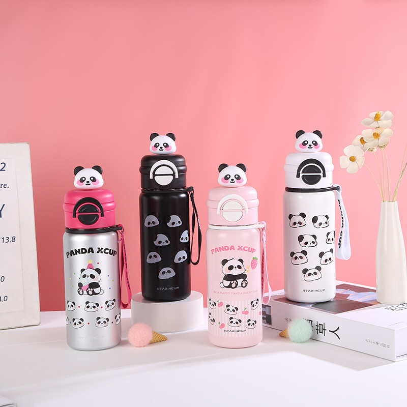 Panda Children's Insulated Cup 2024 New Model for Boys and Girls with high appearance Level, Double-drinking straw insulated water cup full figure
