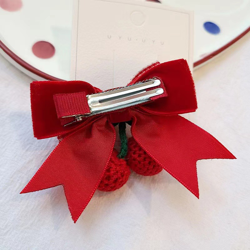 Children's cherry hair clips, New Year's red bow hair clips, girl side bangs clips, baby New Year's red hair accessories details Picture