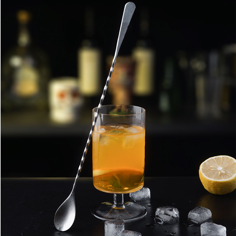 304 Long-handled flat-tail bar spoon, stainless steel threaded cocktail bar, bar cocktail mixing tool, cocktail mixing and stirring rod details Picture