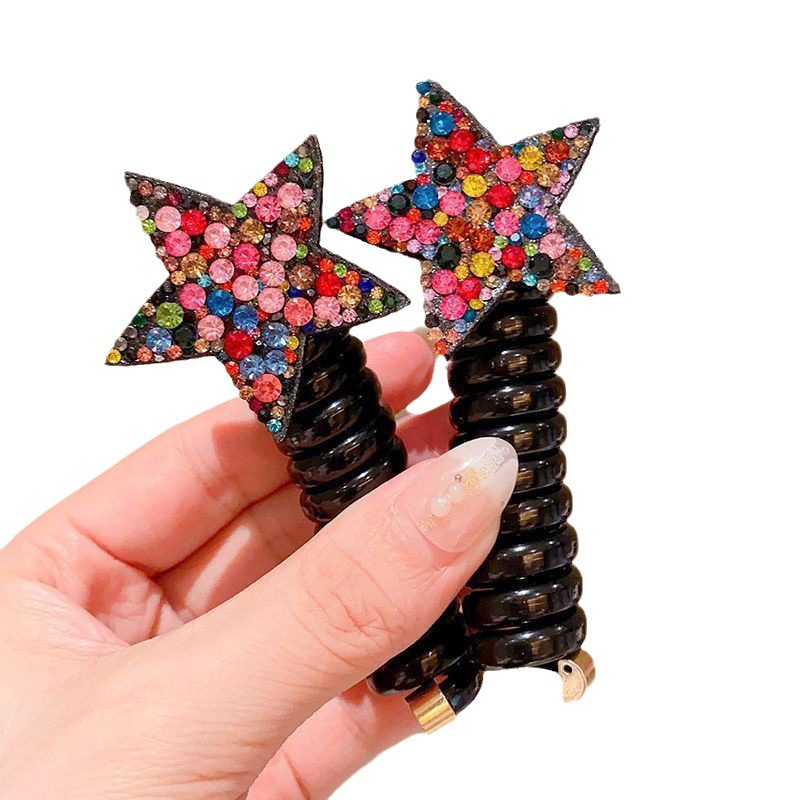 New children's color diamond five-pointed star telephone line hair tie, girls' hair tie, high elasticity hair band, water diamond star hair accessory Item Picture