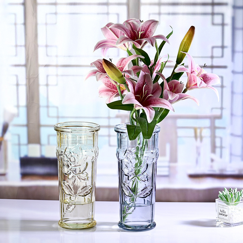 Nordic glass vase, simple relief hydroponic vase, flower arrangement, lucky bamboo, creative glass bottle decoration for home decoration details Picture