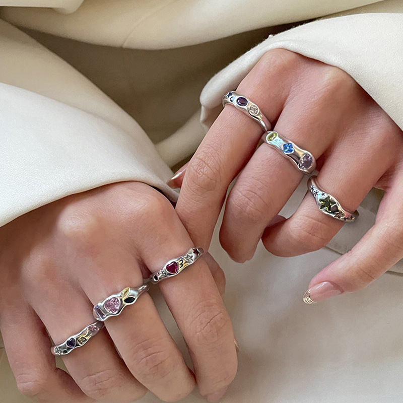 Colorful zircon heart-shaped ring for women in an InS-style combination, a niche and high-end look with adjustable openings, fashionable 2023 new style details Picture