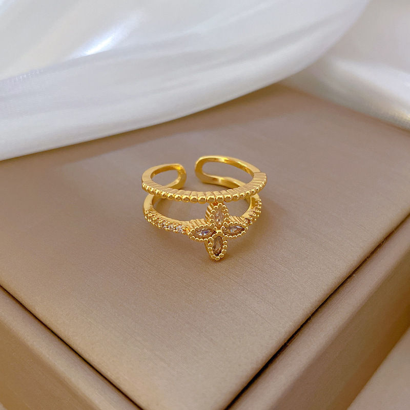 【 Real gold electroplating 】 Open double-layer women's fashion micro-inlaid light luxury ring index finger ring, the same style as Internet celebrities, cold style Specification drawing