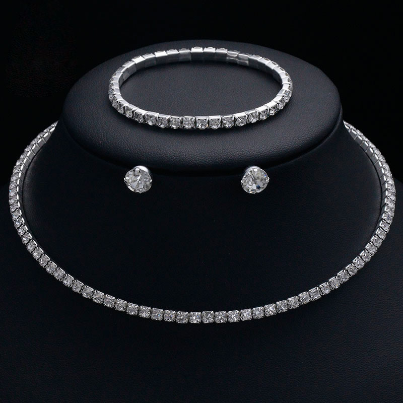 European and American fashion sparkling diamond full diamond single-row collar necklace, stud earrings set, bride's accessories, wedding dress accessories N5278 full figure