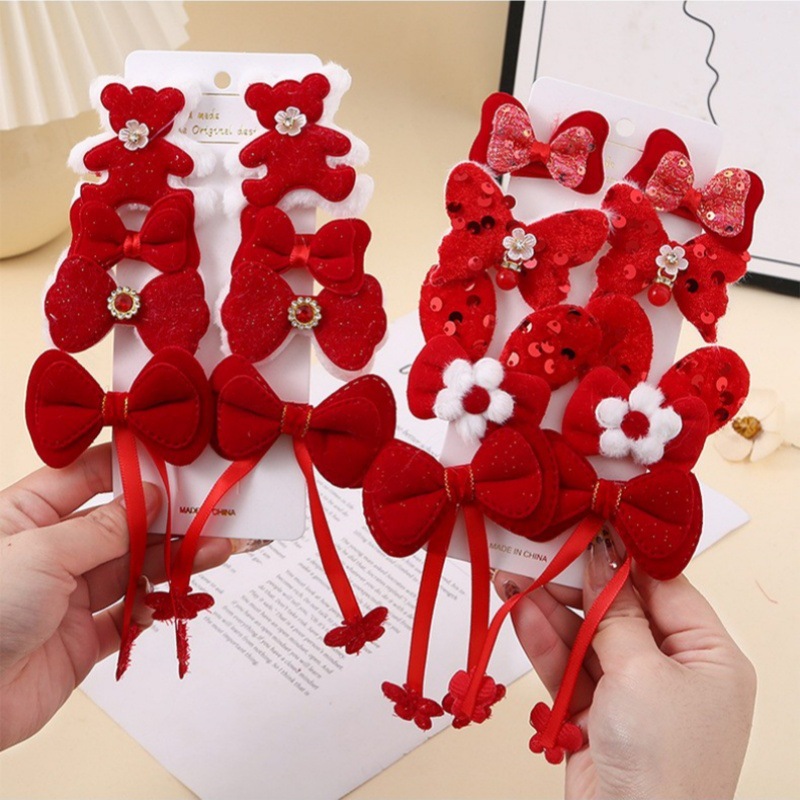 New Year hairpin set, festive red edge clip, little girl bangs bow, New Year greeting headwear, children's broken hairpin full figure