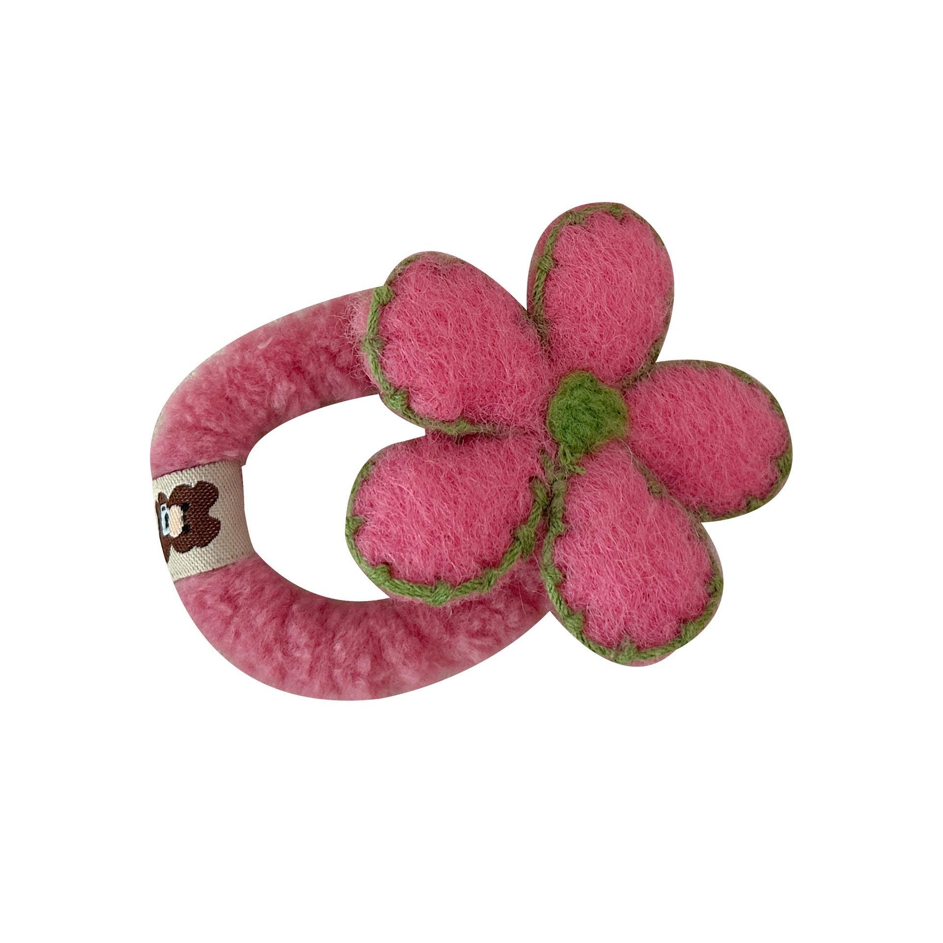 Strawberry pink series ~ Sweet and cute wool felt flower hair tie, autumn and winter plush bangs with pom-pom small flower hair tie Item Picture