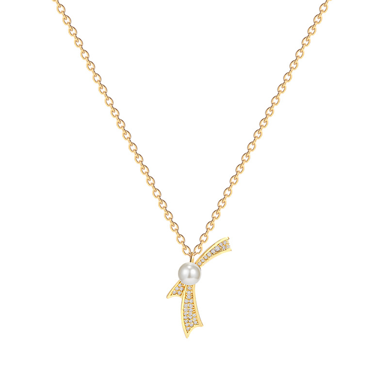 A new Korean super shiny full diamond bow titanium steel necklace with a touch of luxury and sophistication for women, a versatile pearl collarbone chain Item Picture