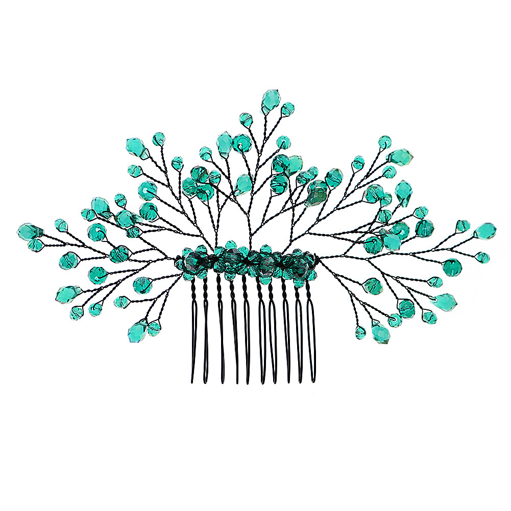 A fashionable and retro handcrafted crystal hair comb for wedding dresses and evening gowns in the shape of green branches and leaves from Europe and America Item Picture