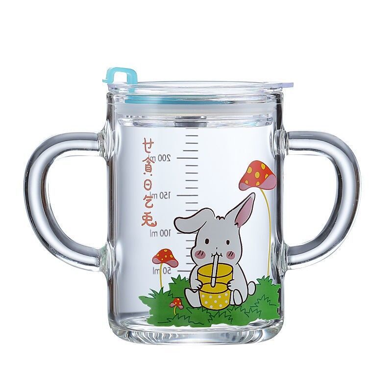 Discounted wholesale of children's water cups, transparent single handle and double handle children's cartoon milk straw cups and graduated cups Item Picture