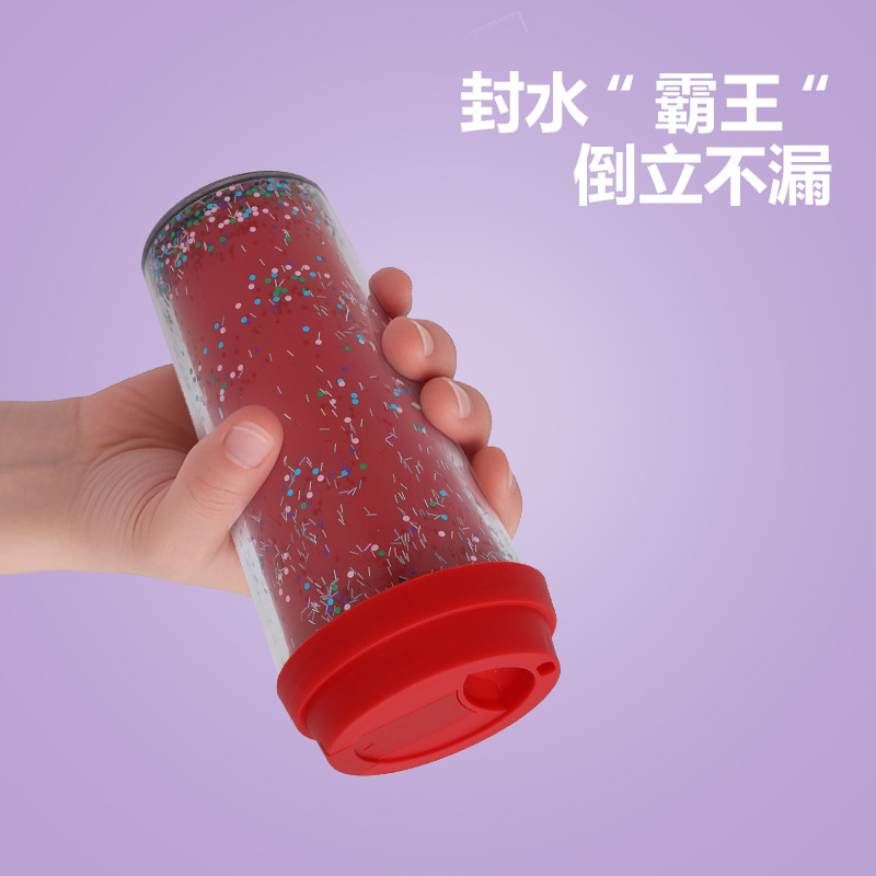 New cross-border factory direct supply 16oz coffee cup, high appearance level double-layer plastic water cup, sequined Star Bar cup Specification drawing