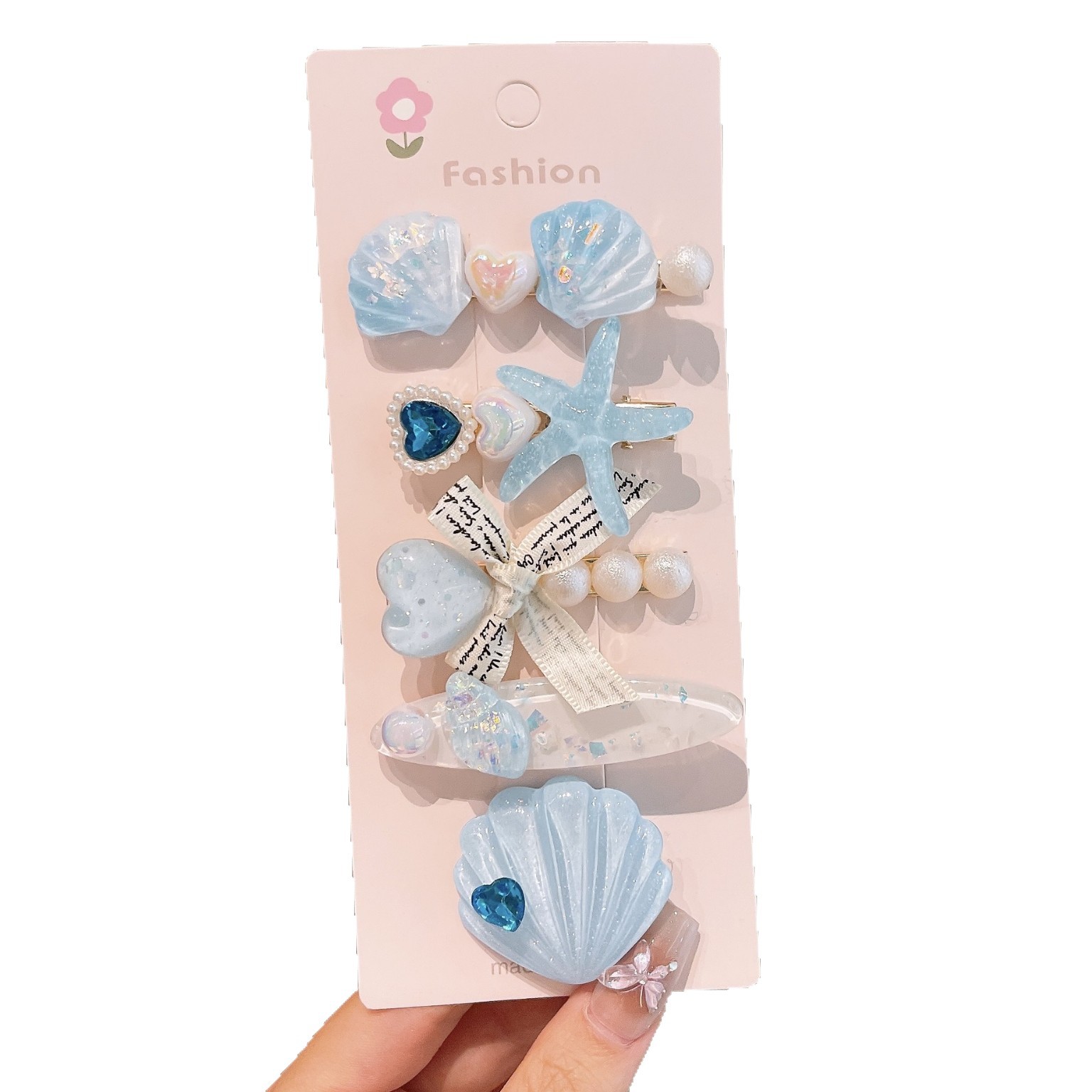 Summer new ocean shell starfish hair clips, diamond-encrusted super sparkling edge clips, elegant bangs clips, hair accessories, headwear, duckbillon clips Item Picture