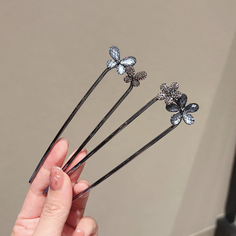 High-end U-shaped hairpin for women, new Chinese-style ancient-style glass flower updo hairpin, exquisite cheongsam hairpin headwear full figure