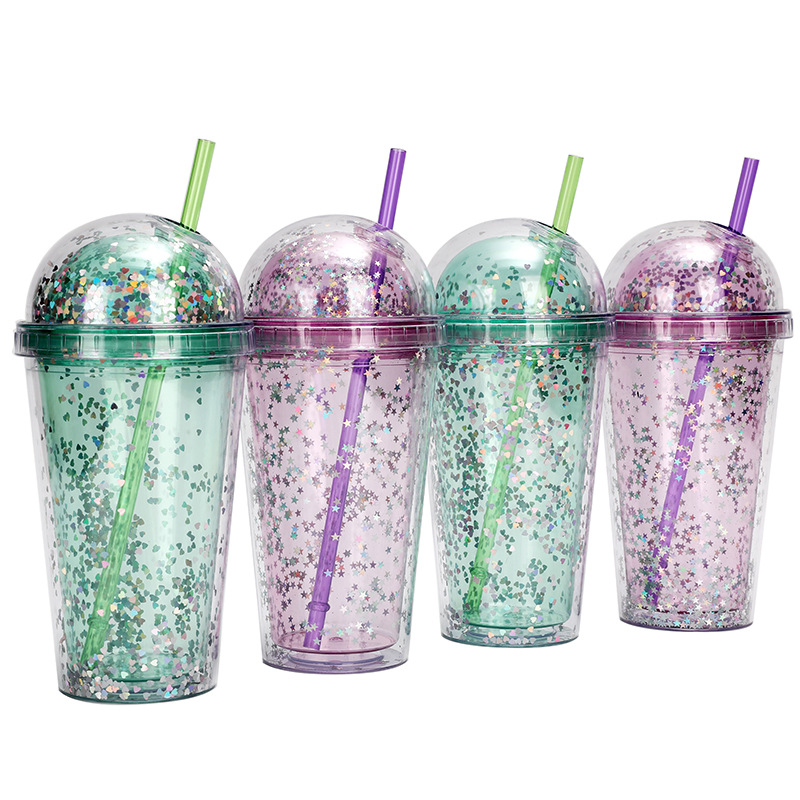 New cross-border factory direct supply transparent double-layer plastic cup, dome lid straw cup with sequins, high appearance level water cup Specification drawing