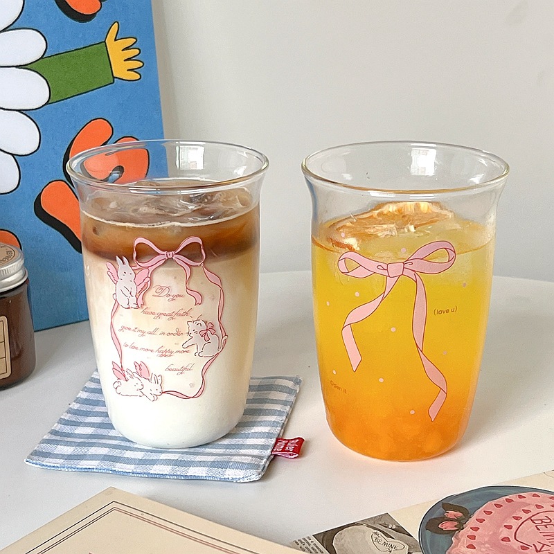 Bolimei French-style glass cups, bow high borosilicate cups, heat-resistant water cups, girls' coffee cold brew cups details Picture