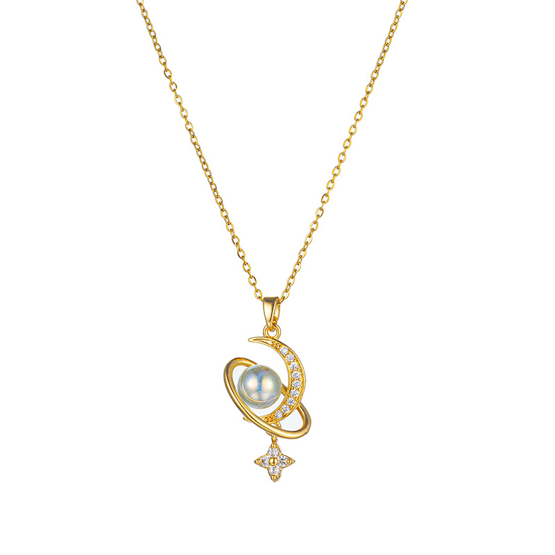 Mermaid Princess Pearl Moon Planet Pendant Titanium steel necklace with a unique design sense for women, new collarbone chain high-end accessory Item Picture