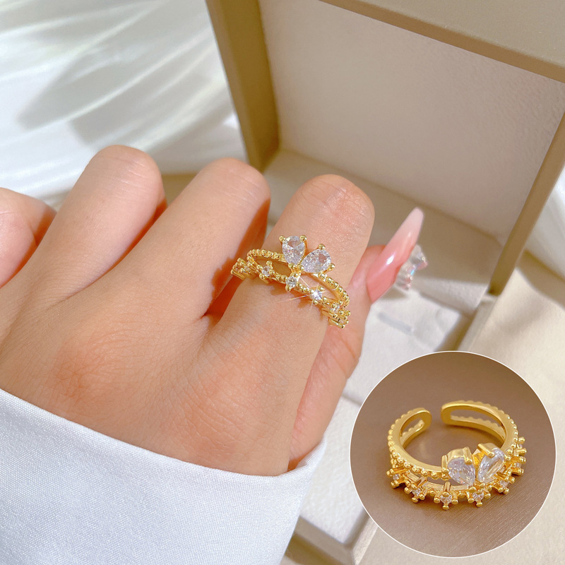 【 Real Gold 】 Light luxury butterfly Zircon ring with adjustable opening, simple jewelry, Japanese-style ring couple rings full figure