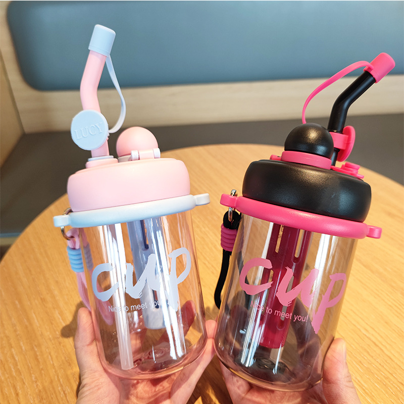 Summer portable rope double-drinking straw plastic water cup for student girls Korean version trendy tea stranding flower tea cup details Picture