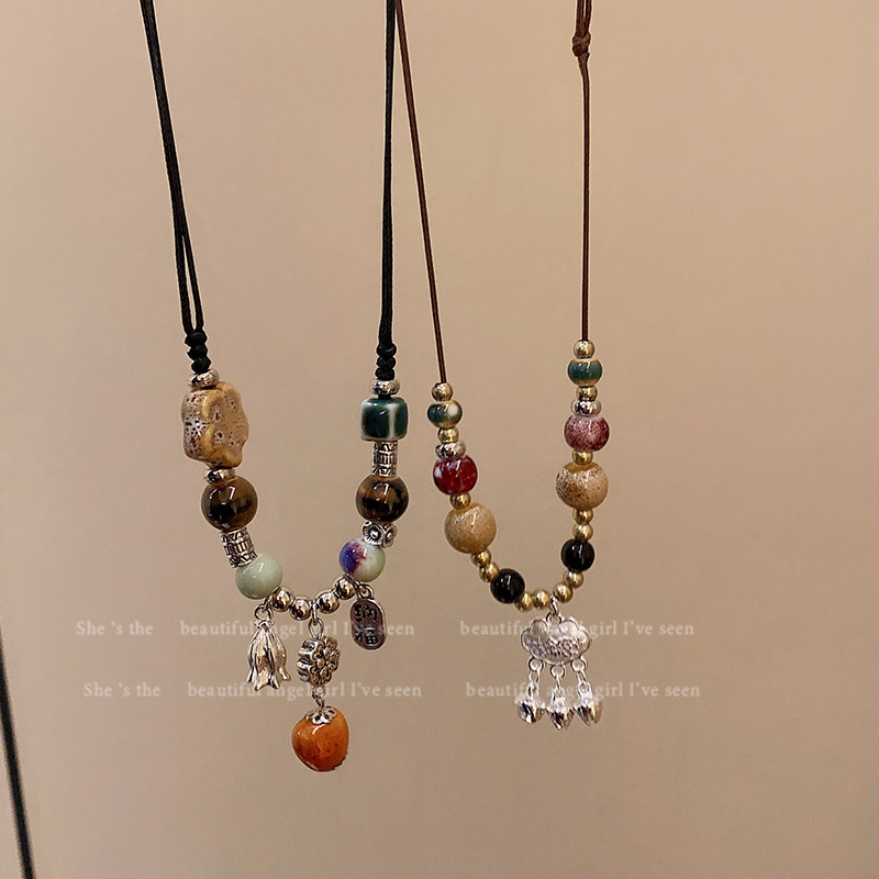 Peace Lock buckle retro Chinese trend beaded necklace for women, a unique and versatile ethnic woven collarbone chain accessory Application Scenario