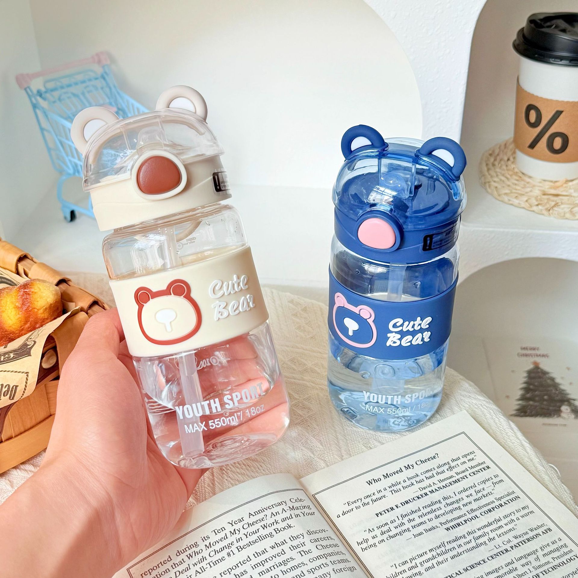 Cute little bear water cup, portable summer straw cup for school, side pocket of schoolbag, cute plastic cup for students Application Scenario