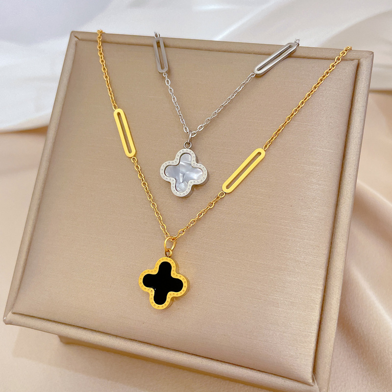 【 All-titanium Steel 】 Mother-of-pearl clover flower minimalist style furnace real gold necklace, female Instagram influencer collarbone chain details Picture