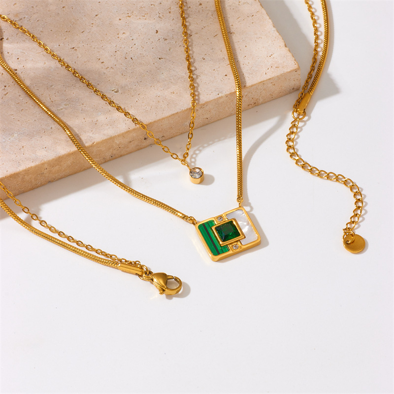 A fashionable and niche design of double-layer stacked titanium steel gold-plated chain square pendant accessory necklace from Europe and America details Picture