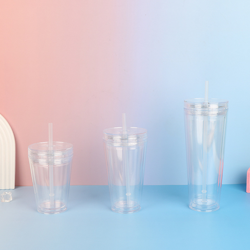 The new double-layer lid creative DIY plastic cup can be added with sequined glitter color transparent double-layer straw cup with stopper details Picture