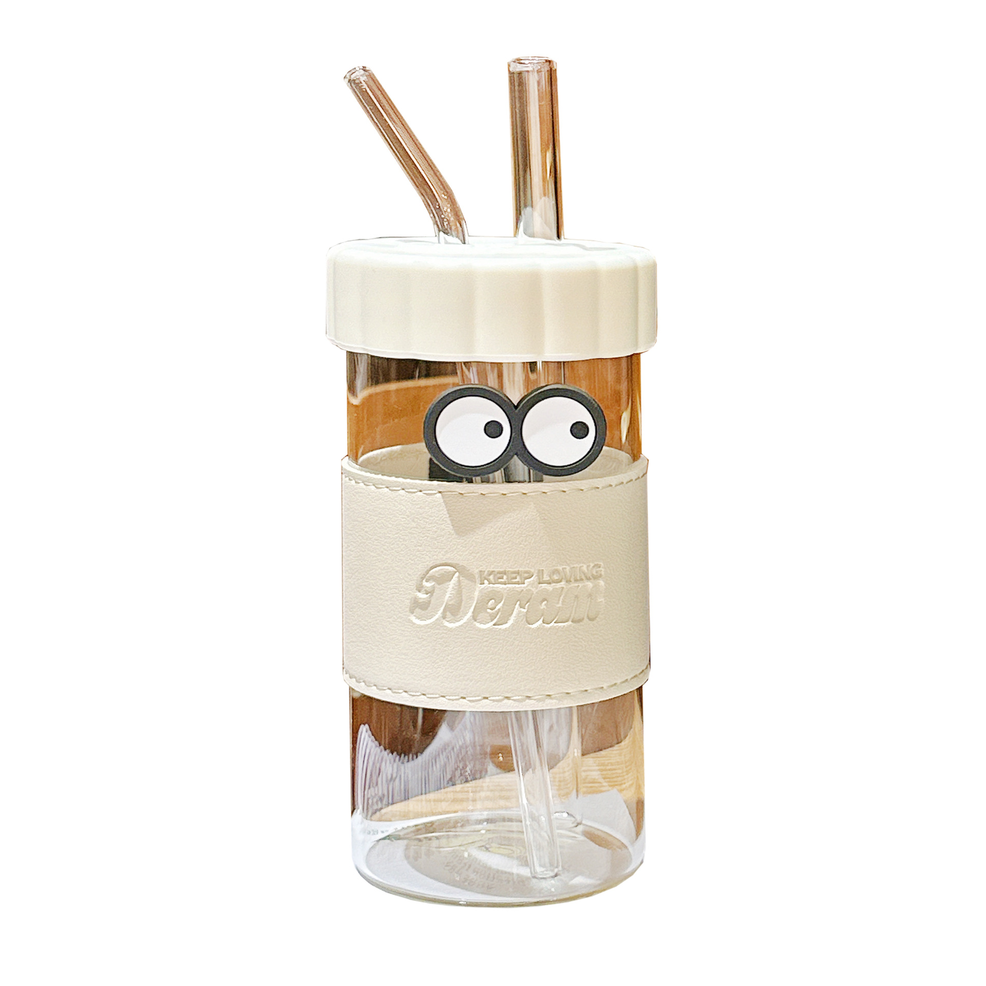 Double straw glass cup, simple and creative summer pearl straw cup, office transparent and cute girls' Instagram water cup Item Picture