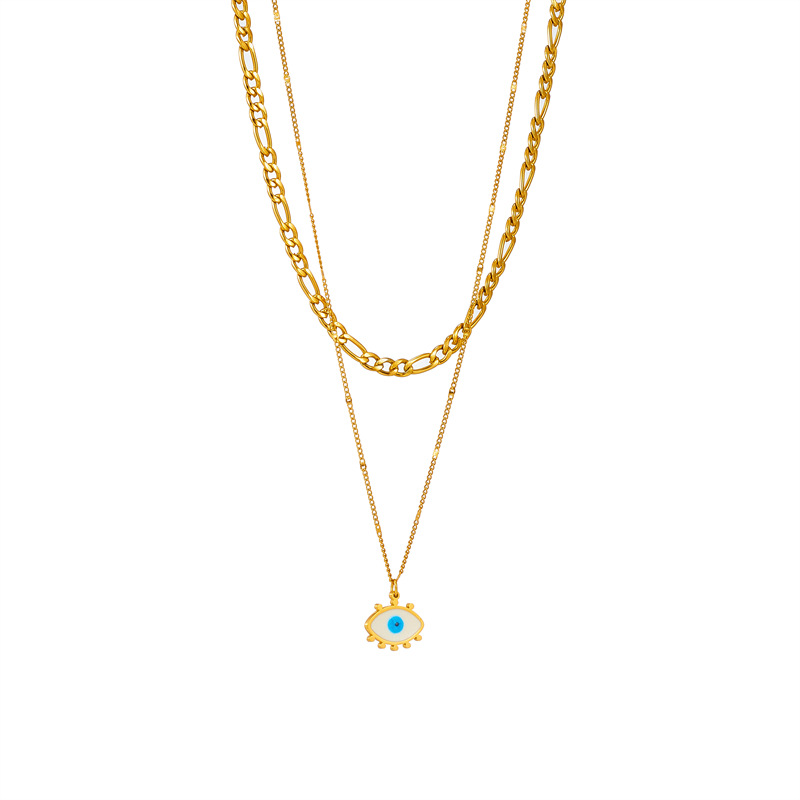 European and American cross-border fashion personality punk retro hip-hop double-layer thick and thin chain blue and white eye pendant titanium steel necklace Item Picture