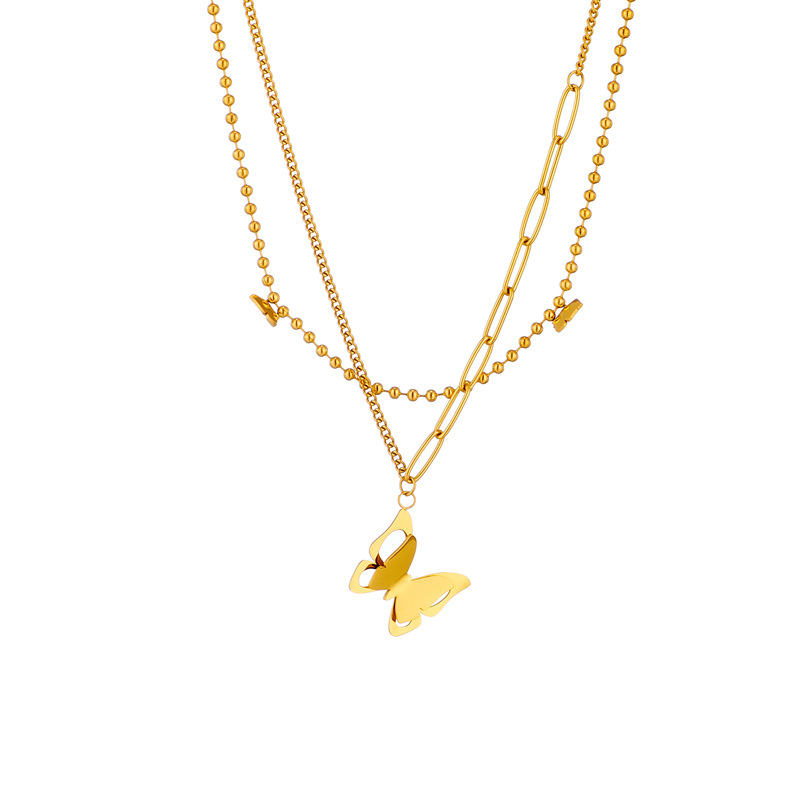 A Korean-style Instagram niche design double-layered, cold three-dimensional butterfly accessory necklace with a titanium steel metal style Item Picture