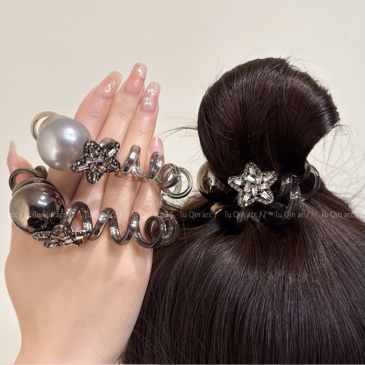 Dongdaemun, South Korea, water diamond star telephone line hair band, women's bun hair tie, elegant ponytail pearl rubber band headwear full figure