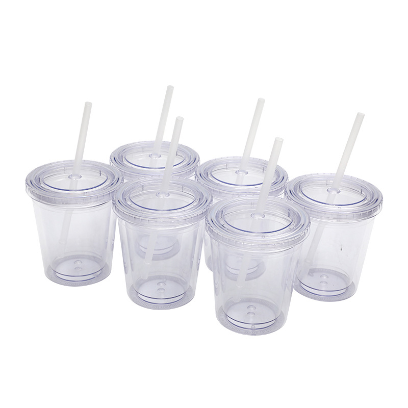 Factory stock, cross-border direct supply 12OZ double-layer plastic cups with LIDS, LOGO available upon request, portable cups, 350ml straw cups details Picture