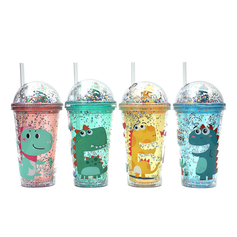 The manufacturer's new summer double-layer cartoon creative straw cup is a popular portable and cute children's dinosaur figurine cup full figure
