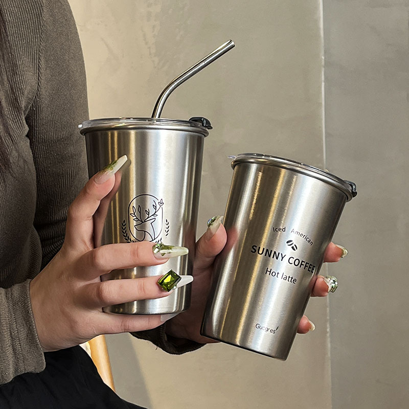 High appearance level cups, office water cups, ladies' simple restaurant straw cups, 304 stainless steel coffee cups, industrial style full figure