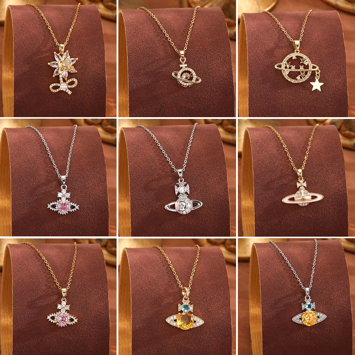 European and American light luxury style slightly inlaid zircon titanium steel necklace, female Queen of the West Planet Zircon exquisite fashion trend collarbone chain full figure