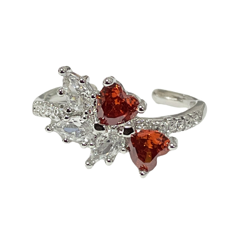 Sweet and Cool's new heart-shaped garnet red zircon slightly set open ring for women, a light luxury and high-end niche ring with a little Chanel style Item Picture