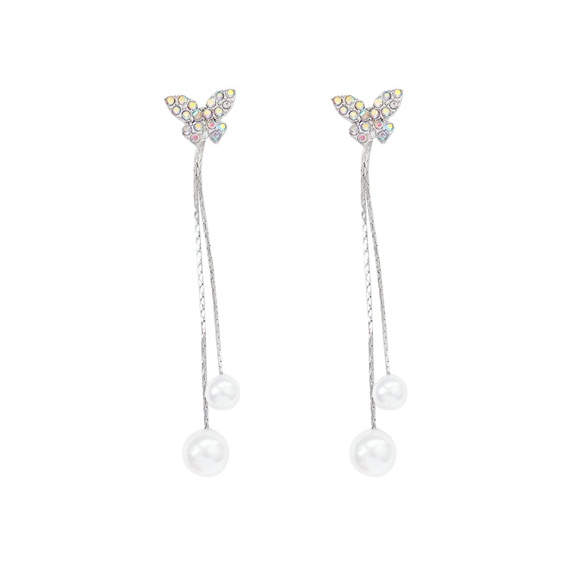 Diamond-encrusted butterfly pearl tassel earrings for women, exquisite and versatile Korean-style stud earrings, fashionable, light luxury, high-end and elegant earrings Item Picture
