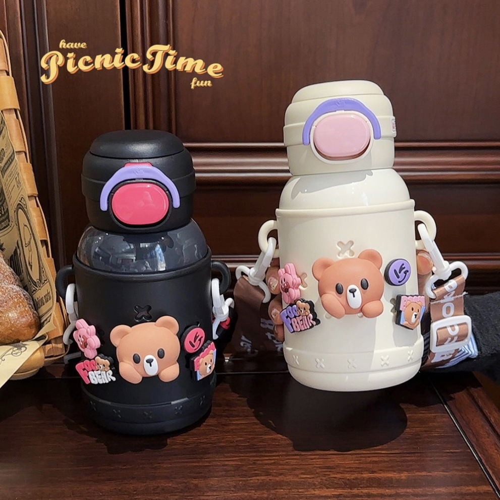 New 316 stainless steel children's water cup, cute bear double-drinking straw cup, portable baby and kindergarten insulated cup Specification drawing