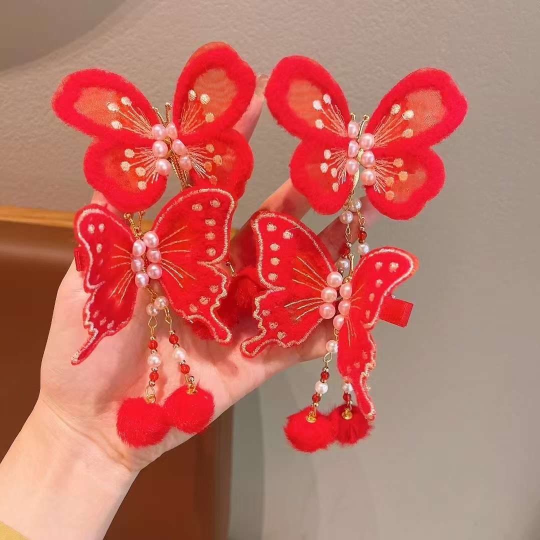 New Year's children's red bow hairpin with plush tassels on the edge, girls' festive New Year headwear Specification drawing