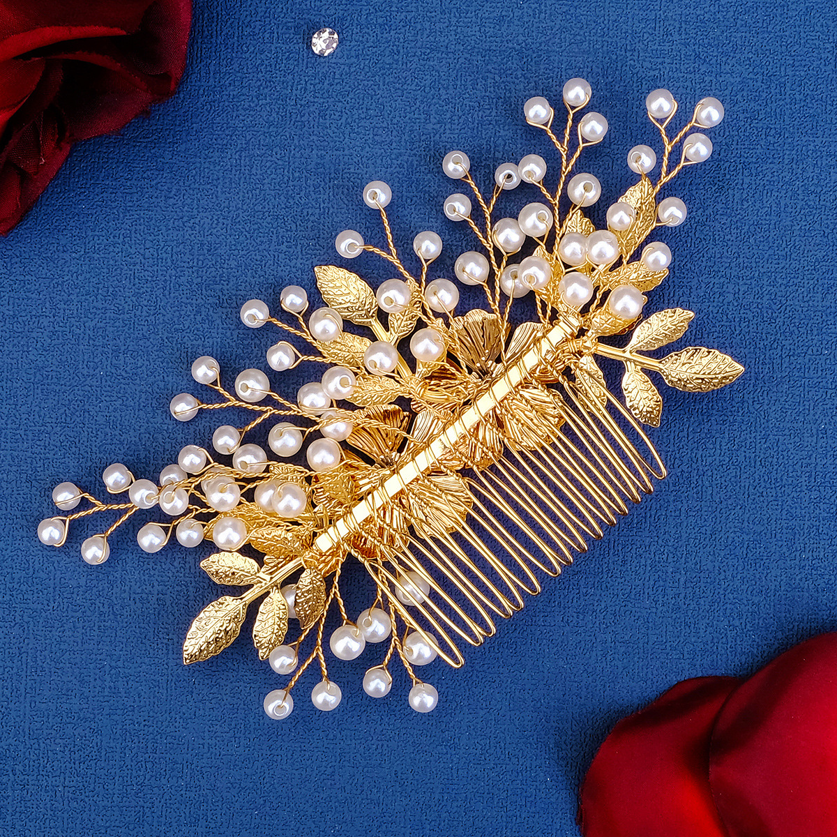 New handcrafted hair combs from Europe and America for brides, wedding hair accessories, golden leaf and flower hair combs Specification drawing