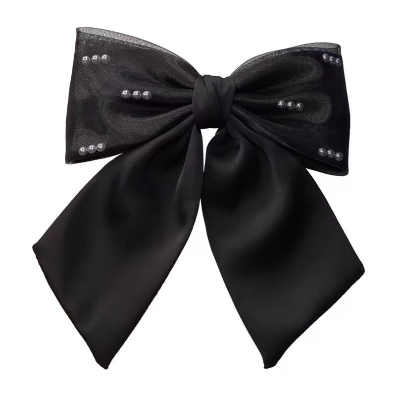 Mesh pearl black bow hair clip, women's back head coil spring clip, high-end satin top clip hair accessory Item Picture