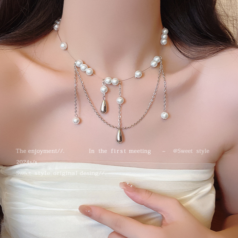 Water drop pearl tassel necklace for women, light luxury and niche style, beaded collarbone chain design sense, French retro accessory full figure