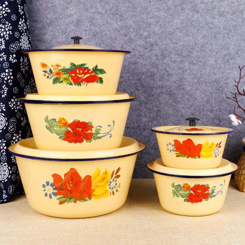 Enamel cake basin, enamel lard jar and noodle basin, enamel lid basin, bowl basin, yellow basin with lid, soup basin, the same style as the Internet celebrities Specification drawing