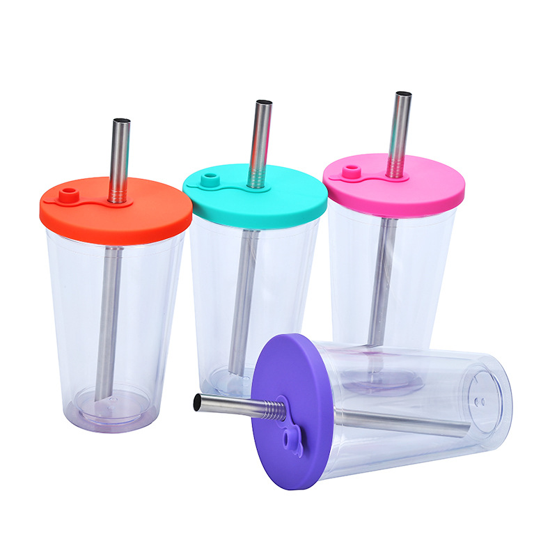 The manufacturer's new cross-border Amazon portable double-layer plastic cup 16oz universal bubble milk tea lid straw cup Item Picture