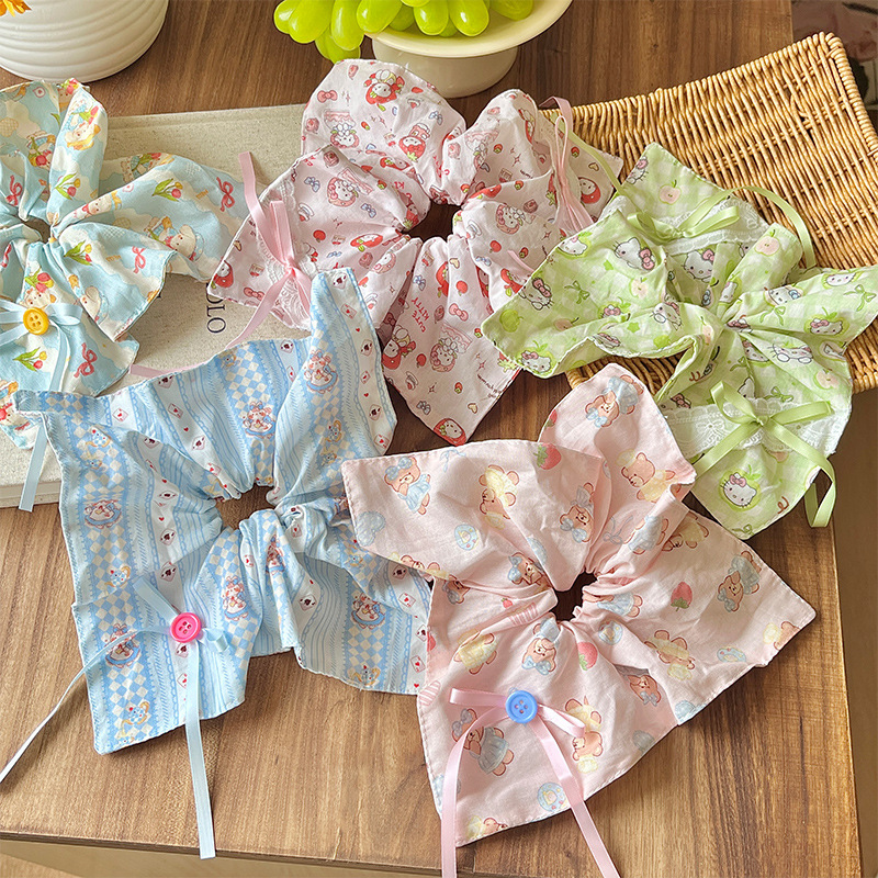 Cream girl, little bear, bow, fabric, large intestine circle, hair tie, square scarf, floral hair tie, ponytail, hair accessory, headwear details Picture