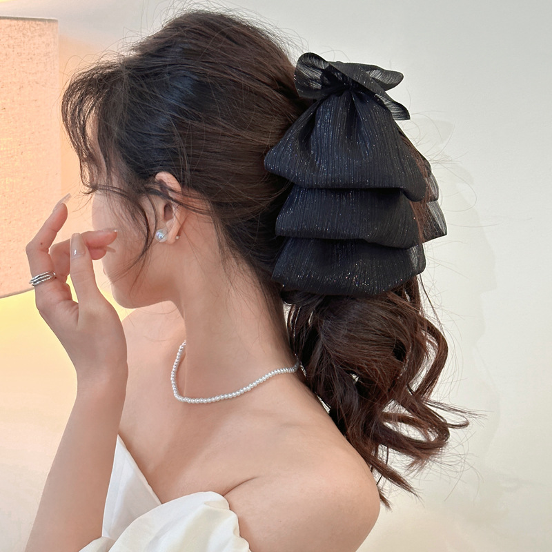 High-end chiffon bow banana clip, 2023 new trendy hair clip, back of the head ponytail clip, vertical clip headwear details Picture