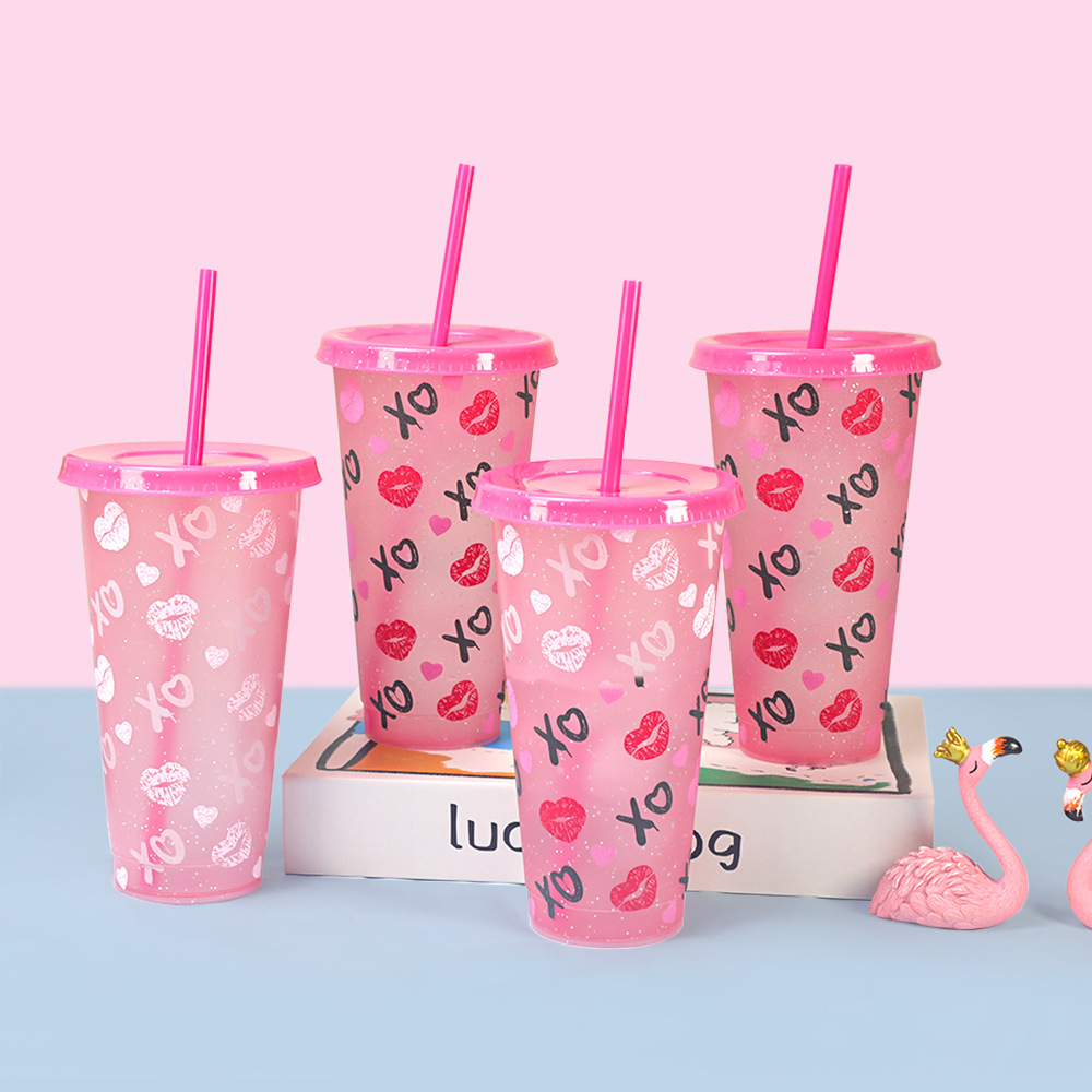 New Valentine's Day style, cold-resistant color-changing plastic cup, high appearance level glitter color-changing straw cup in stock, cross-border wholesale details Picture