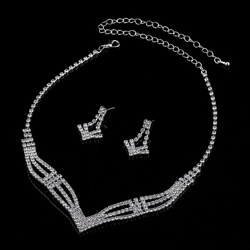Wedding accessories: European and American fashion V-shaped full diamond set, earrings, necklace, bride's claw chain two-piece accessory ZN002 Specification drawing