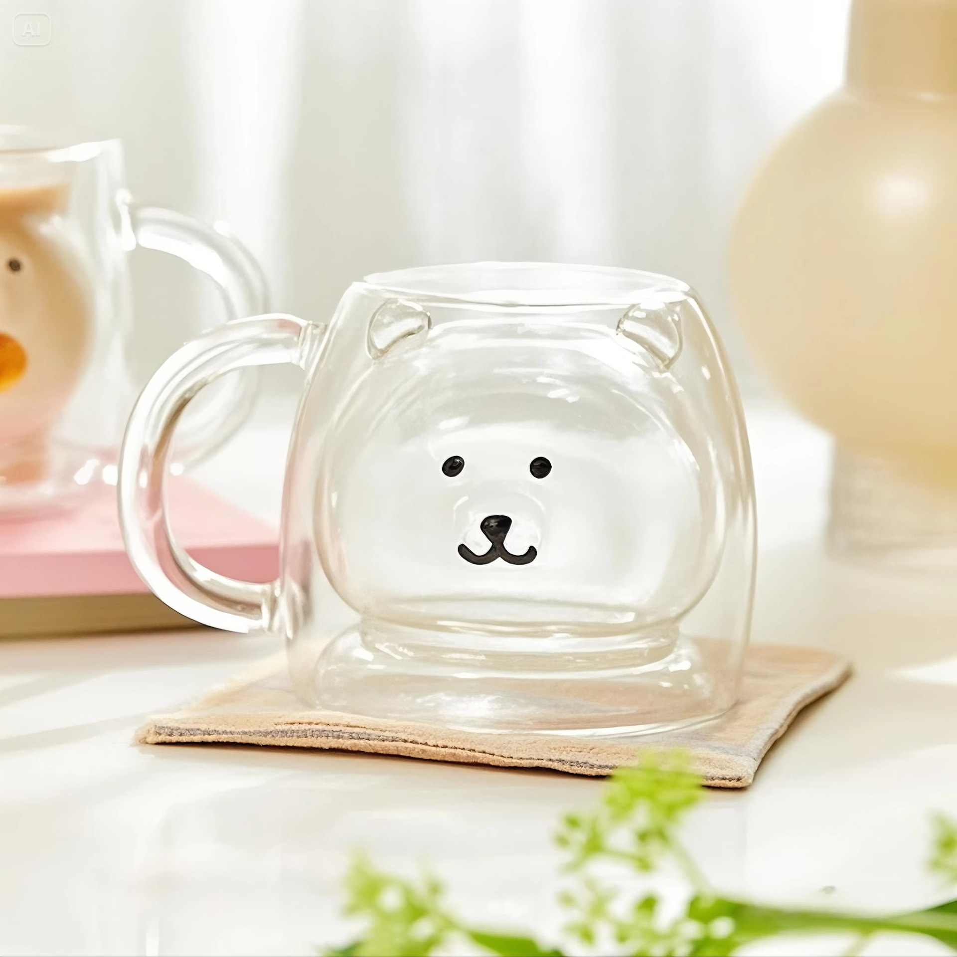 Self-mocking bear glass cup, high school girl's appearance level, cute cartoon, household drinking water cup, cold drink milk coffee cup Application Scenario