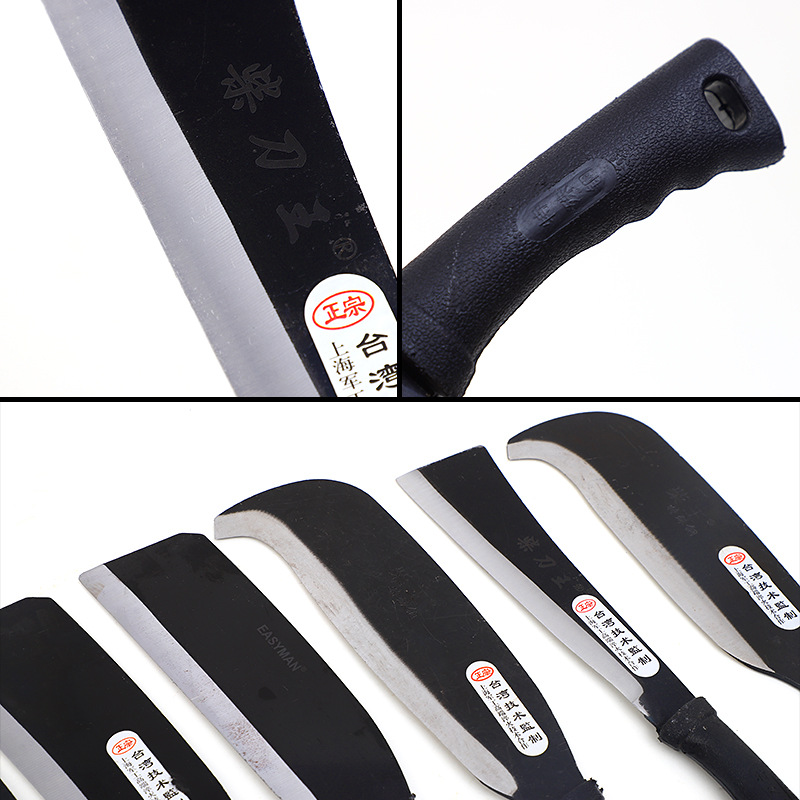 A sharp manganese steel plastic-handled agricultural firewood knife for outdoor firewood cutting and pruning fruit tree branches. A sickle Specification drawing