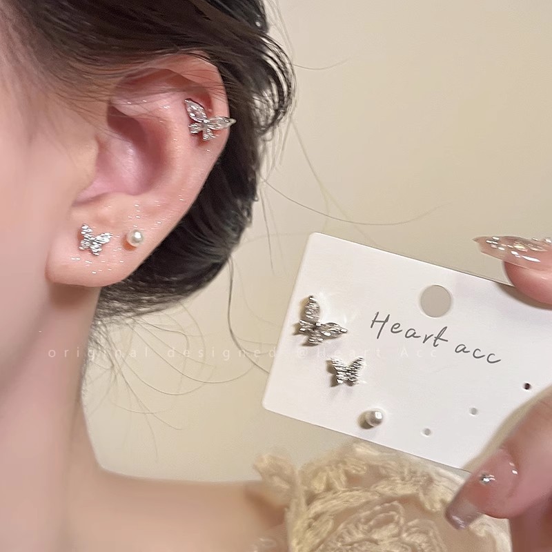 925 Silver Needle Butterfly Zircon Pearl Set Earrings Stud Women's Light Luxury Niche High-end Earbone Stud Earrings full figure